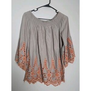 Ivy Jane Blouse Top Size XS Taupe Orange Eyelet Bell Sleeve Smocked